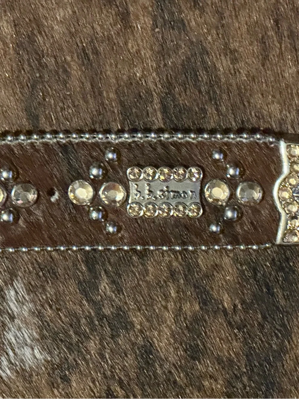 B.B. Simon Brown Hair on  Leather Belt with Swarovski  Crystal Buckle